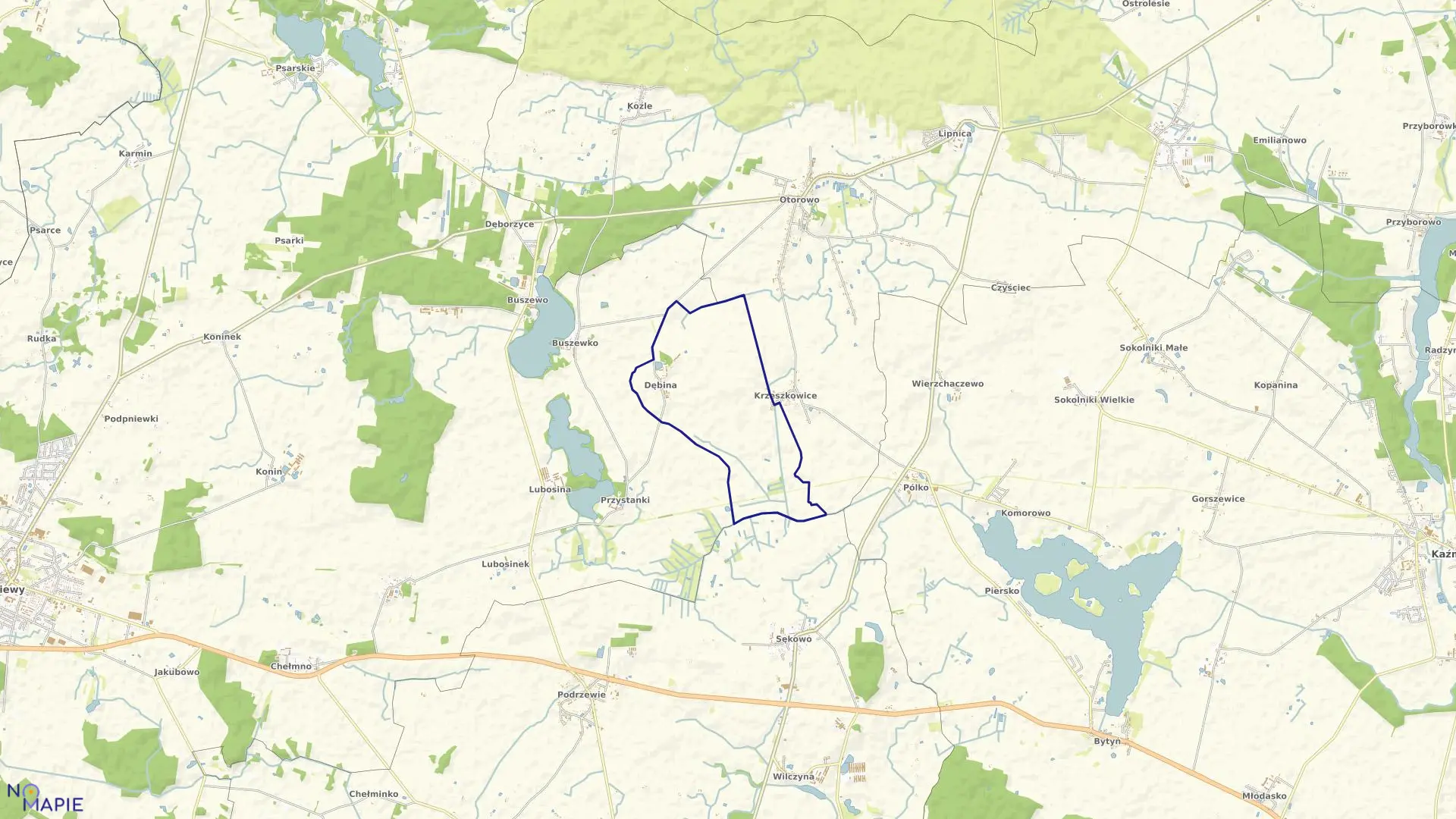 Mapa obrębu DĘBINA w gminie Pniewy