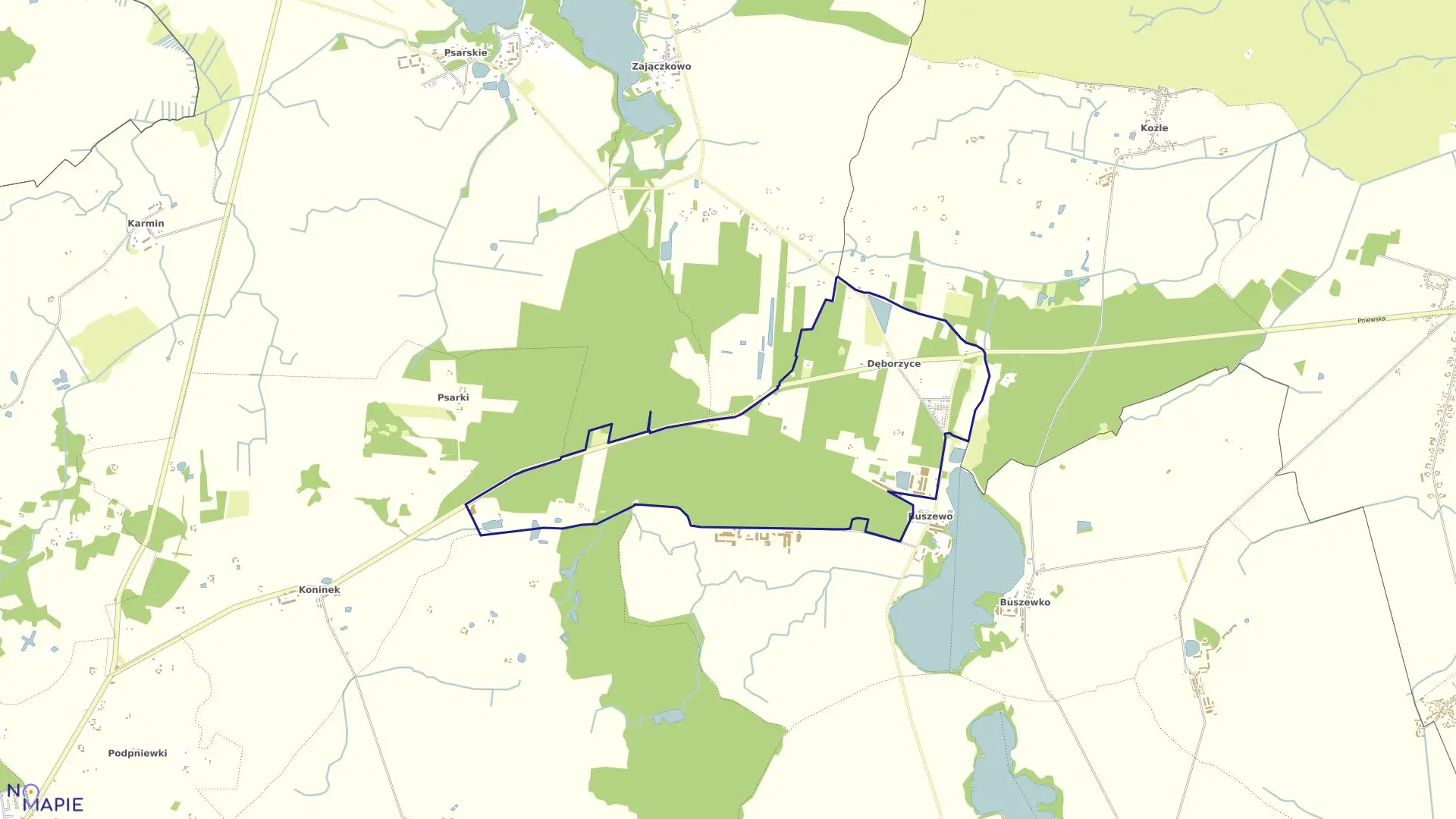 Mapa obrębu DĘBORZYCE w gminie Pniewy